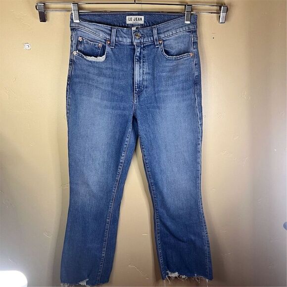 Le Jean Women's High-Rise‎ Boot Cut Cropped Jeans Blue Size 27 Frayed Hem Grunge - Picture 1 of 7